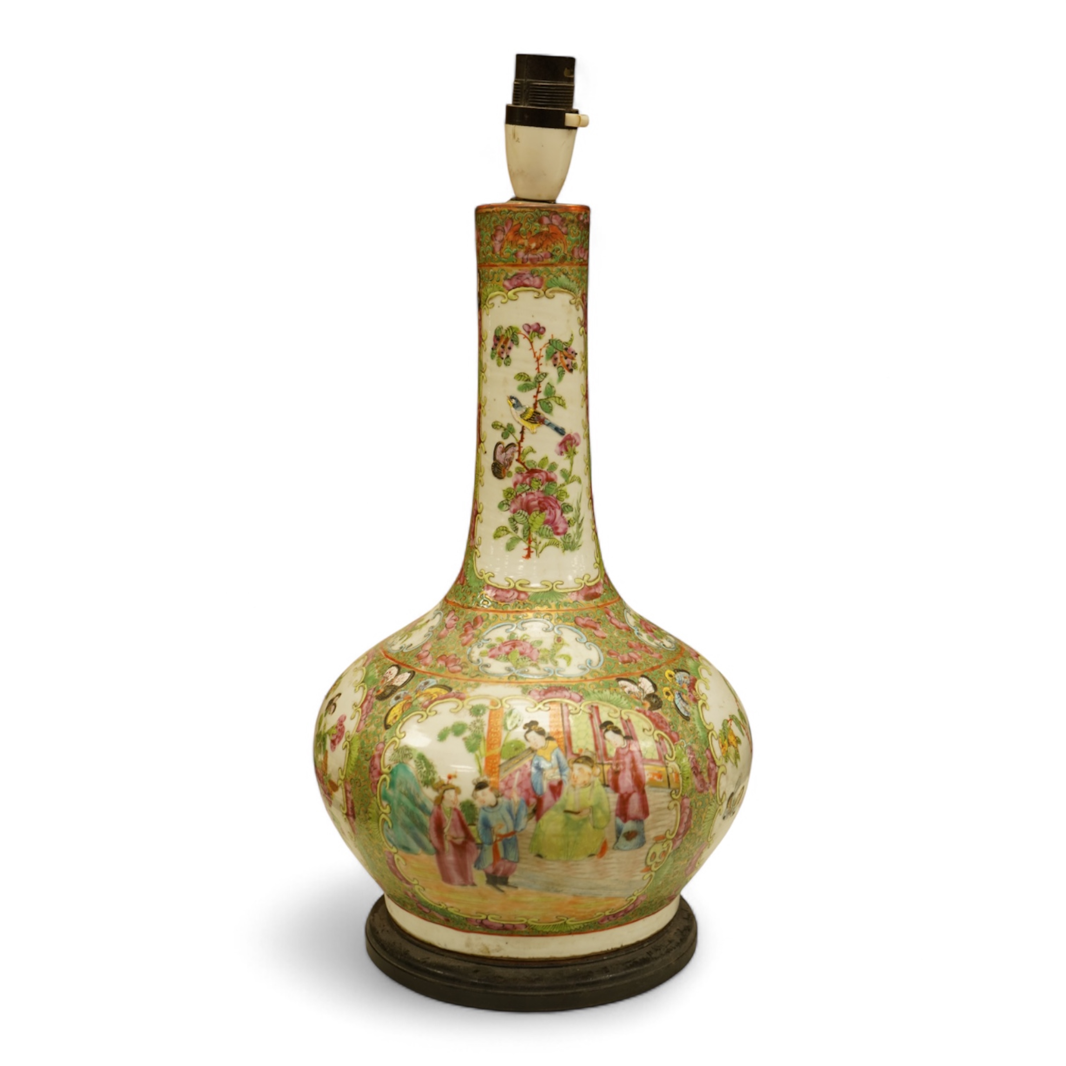 A Chinese famille rose bottle vase, now converted to a lamp, 43cm high overall